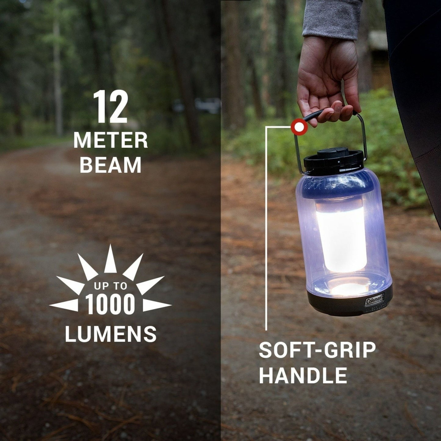 Lantern held by a person in a forest with text highlighting features like 12-meter beam and 1000 lumens.