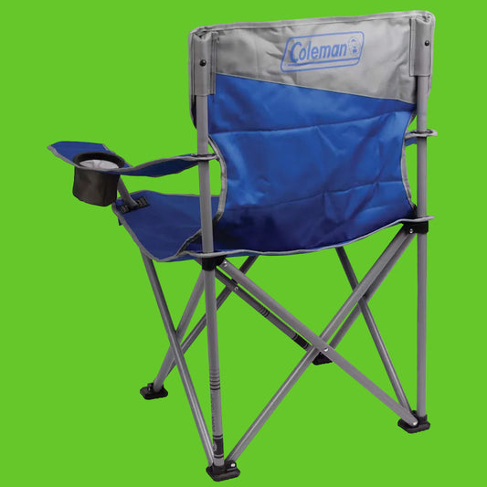 Blue camping chair with gray accents and Coleman logo on a white background