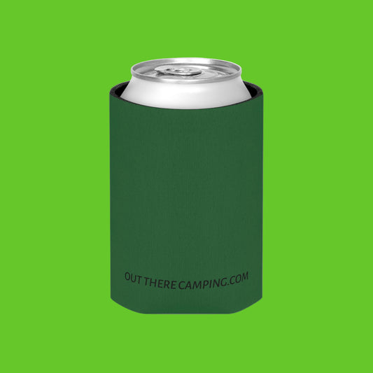 A dark green neoprene can cooler sleeve holding a silver aluminum can, shown against a plain white background.