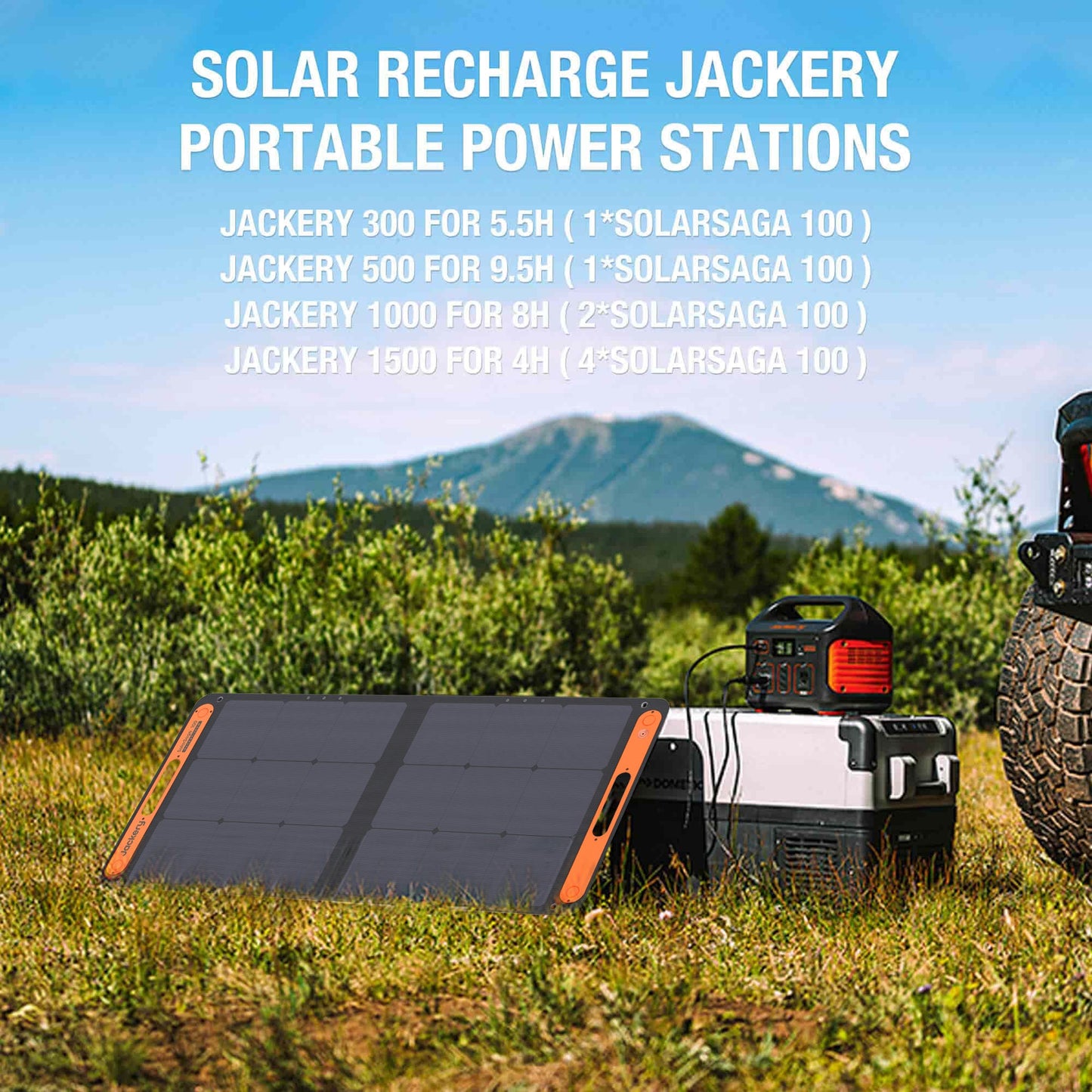Solar rechargeable Jackery portable power station with solar panel in a natural setting