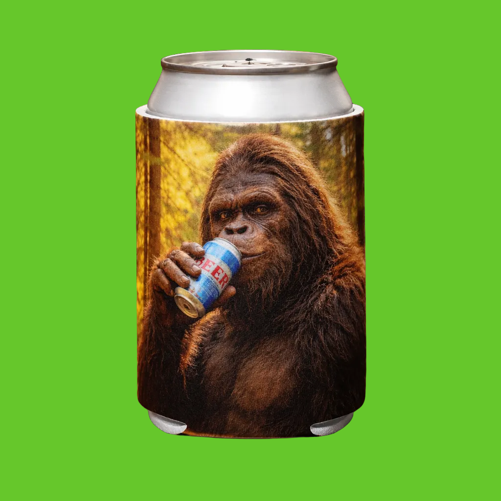 Can cooler with a gorilla design holding a beer on a wooden surface