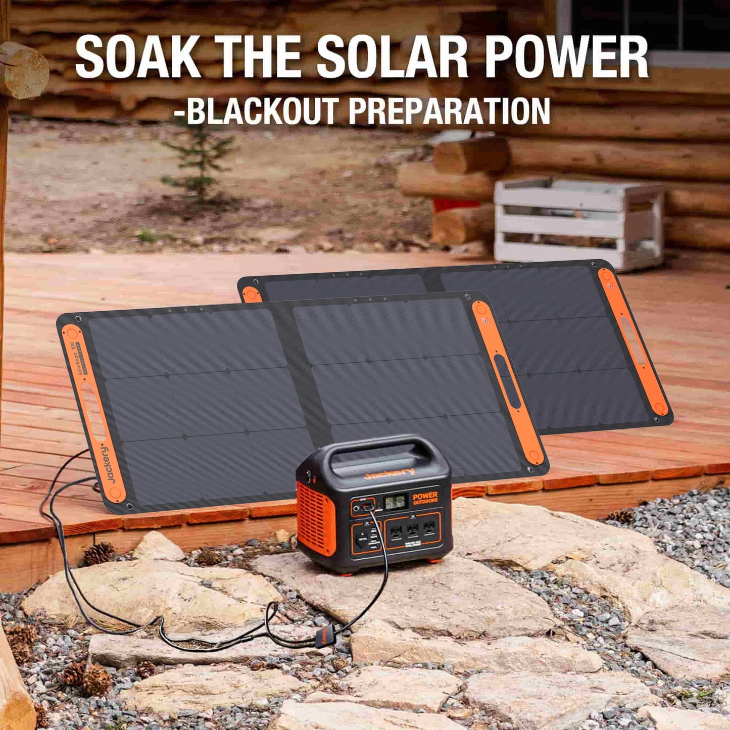 Solar power station with two solar panels on a wooden deck with a rustic background.