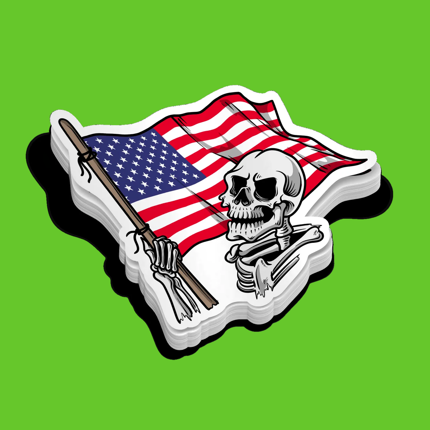 Sticker with a skeleton holding a rifle and an American flag on a transparent background