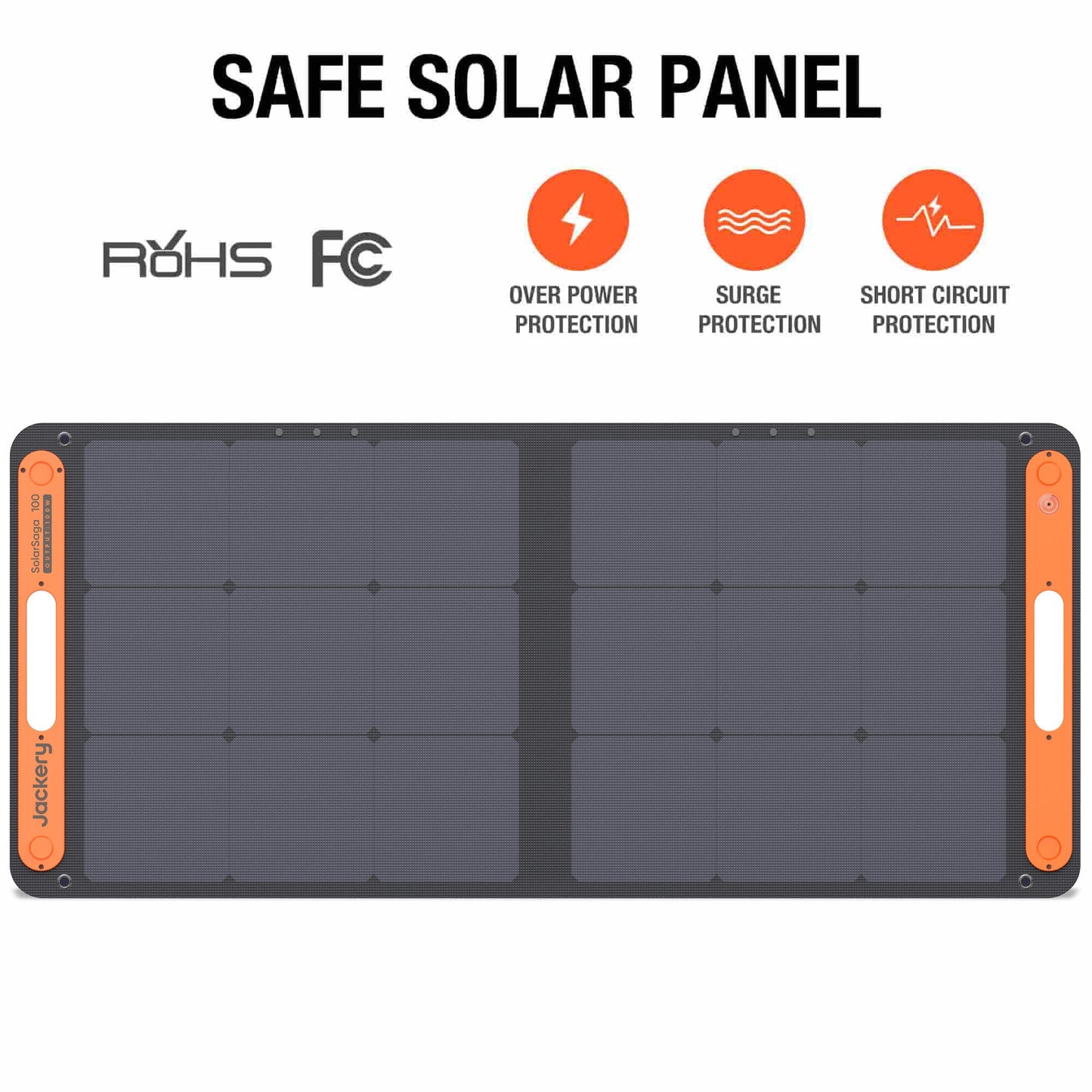Solar panel with safety features and certification logos on a white background