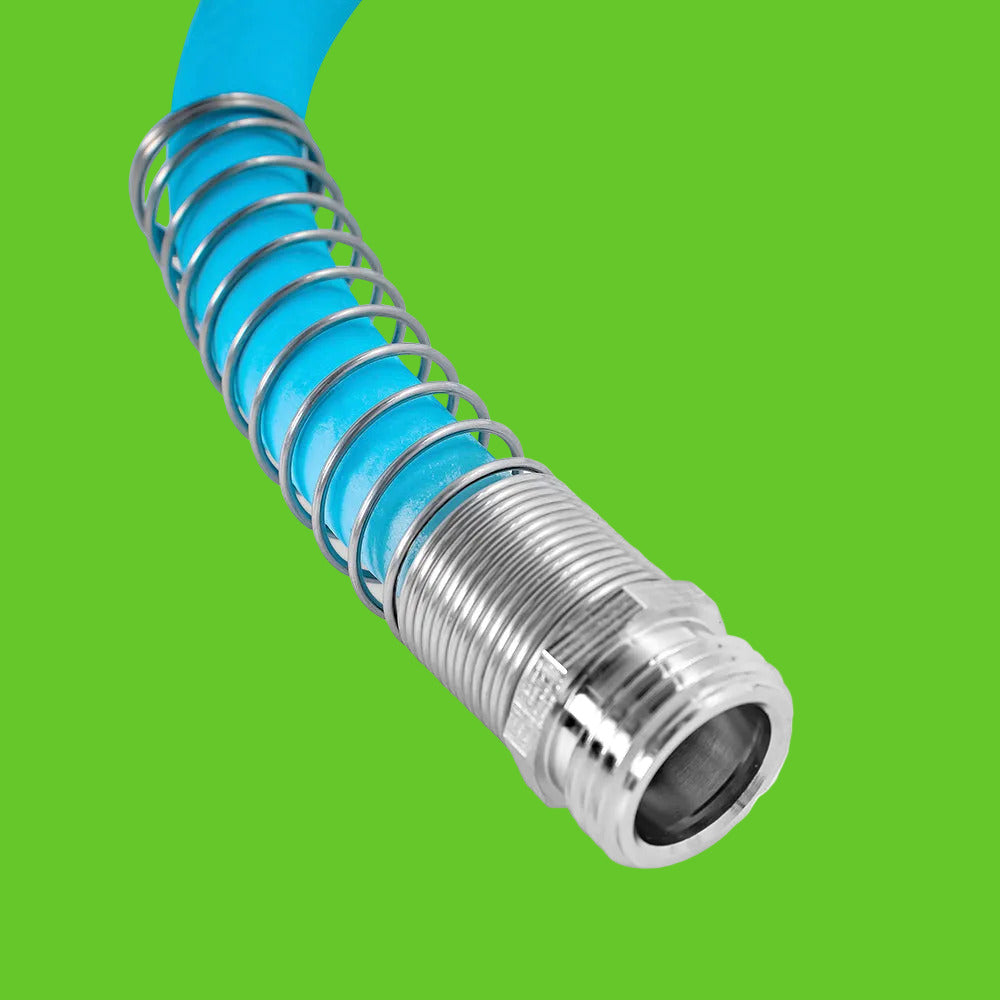 Blue flexible hose with metal fitting on a white background