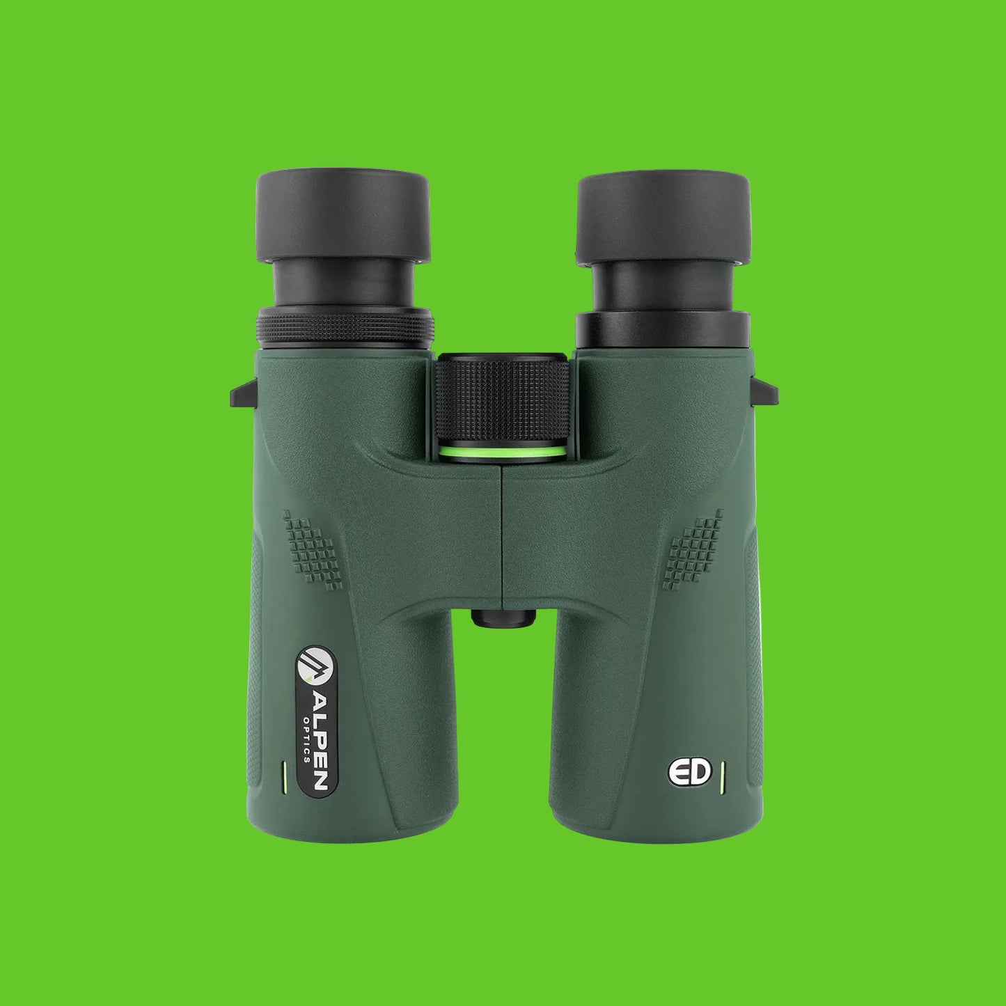 Green binoculars with black accents on a white background