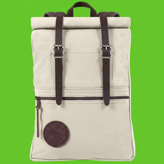 Beige backpack with brown straps and a logo on a white background