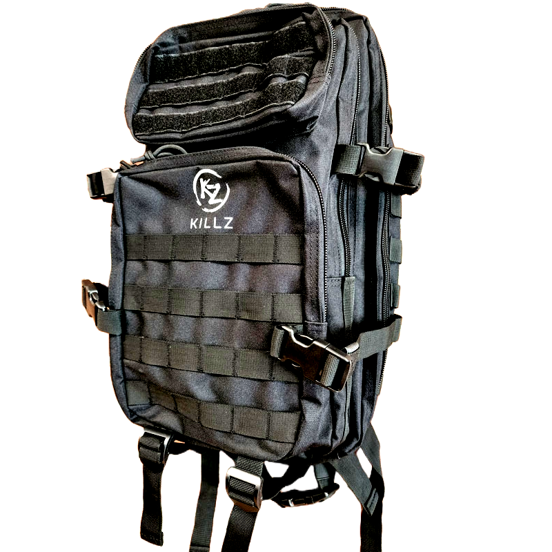 Black tactical backpack with 'KILLZ' logo on a white background