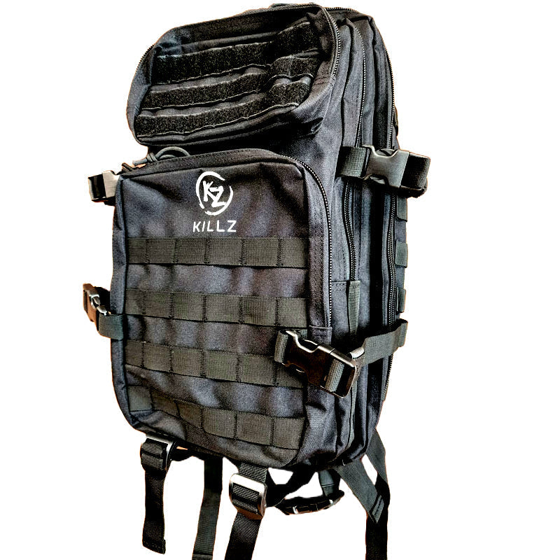 Black tactical backpack with 'KILLZ' logo on a white background