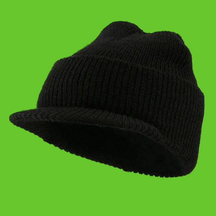 Black knit beanie with a visor on a white background