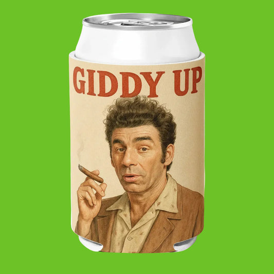 Can cooler with a vintage-style illustration of a man smoking a cigarette and the text 'GIDDY UP' on a beige background.