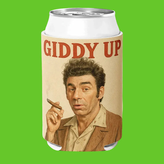 Can cooler with a vintage-style illustration of a man smoking a cigarette and the text 'GIDDY UP' on a beige background.