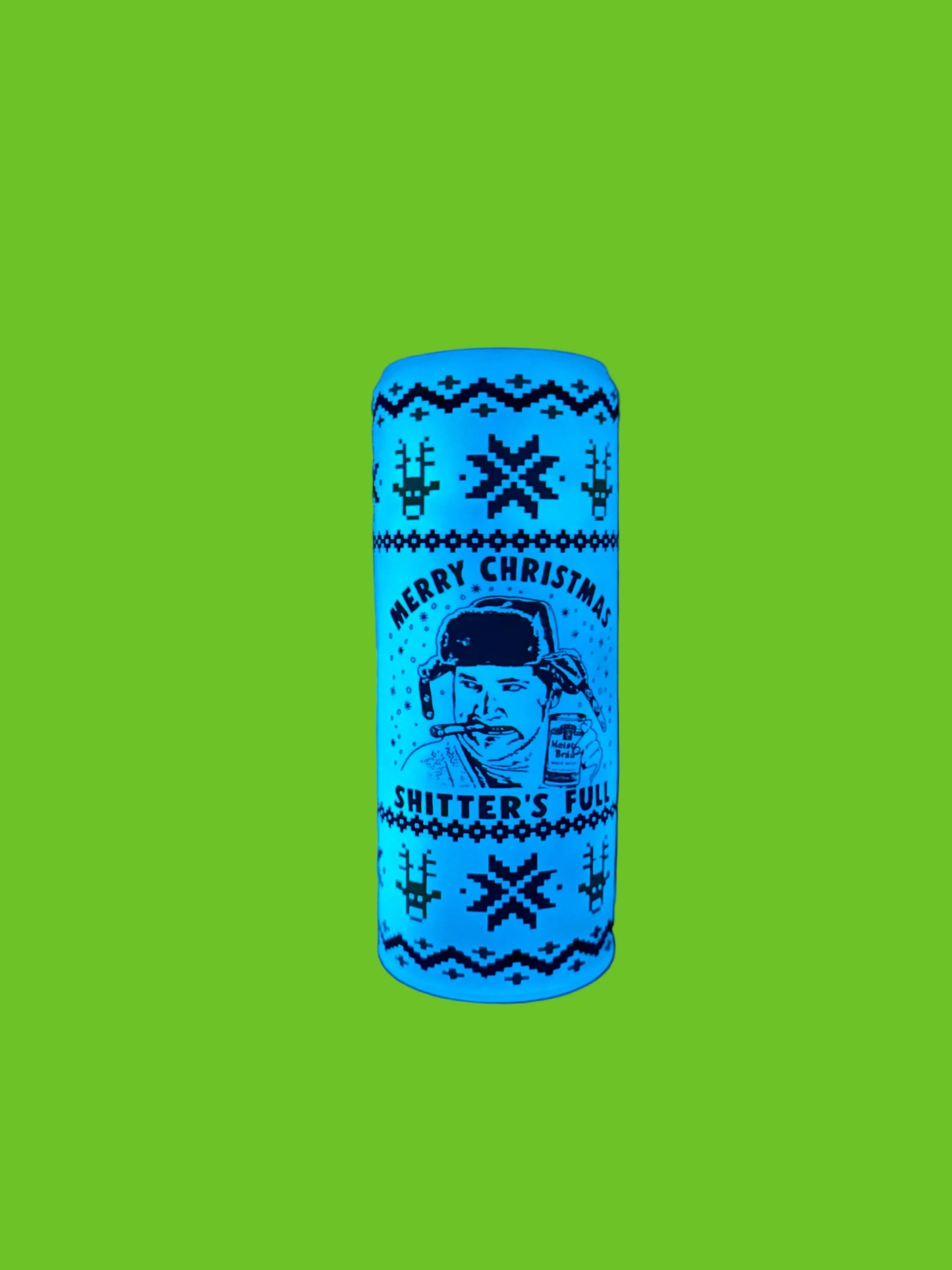 Glowing blue cylindrical object with text and patterns on a dark background