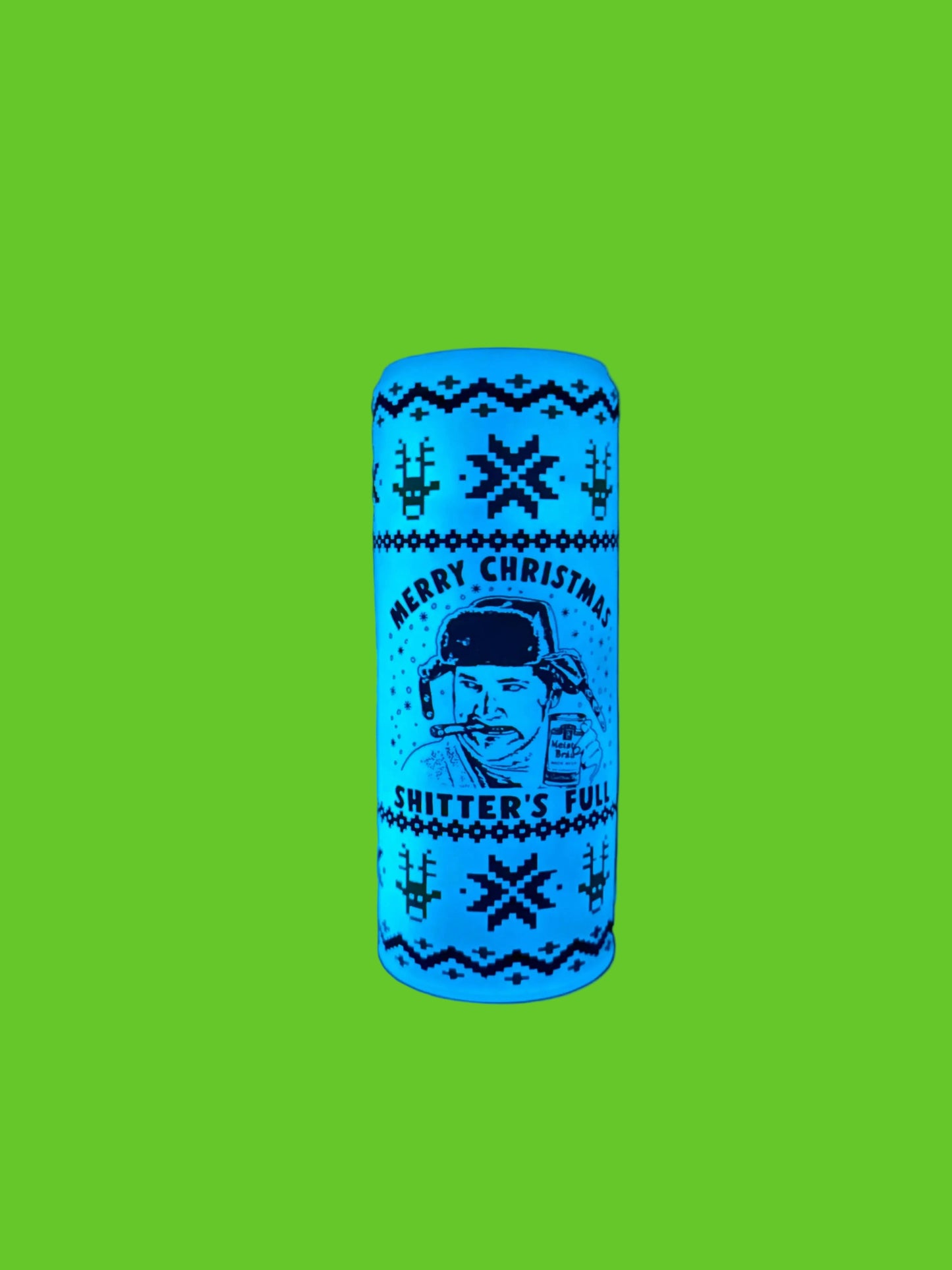 Glowing blue cylindrical object with text and patterns on a dark background