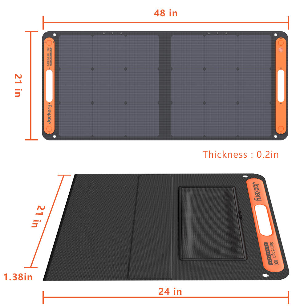 Solar panel with dimensions and thickness measurements on a white background