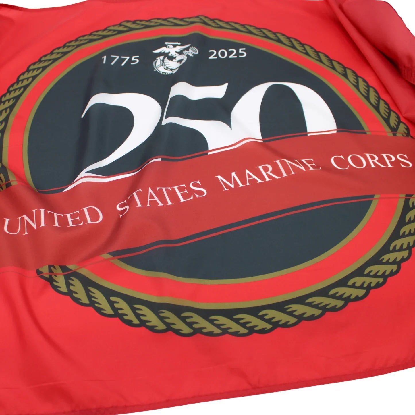 Red banner celebrating the 250th anniversary of the United States Marine Corps with text and emblem.