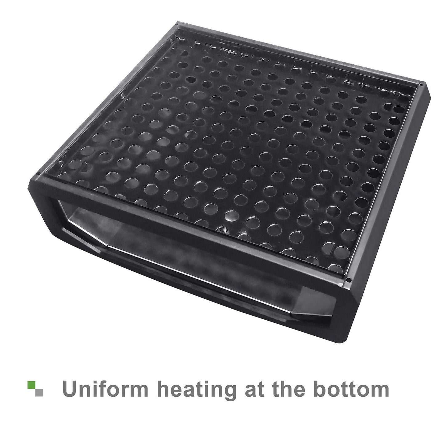 Black perforated heating mat with uniform heating at the bottom on a white background