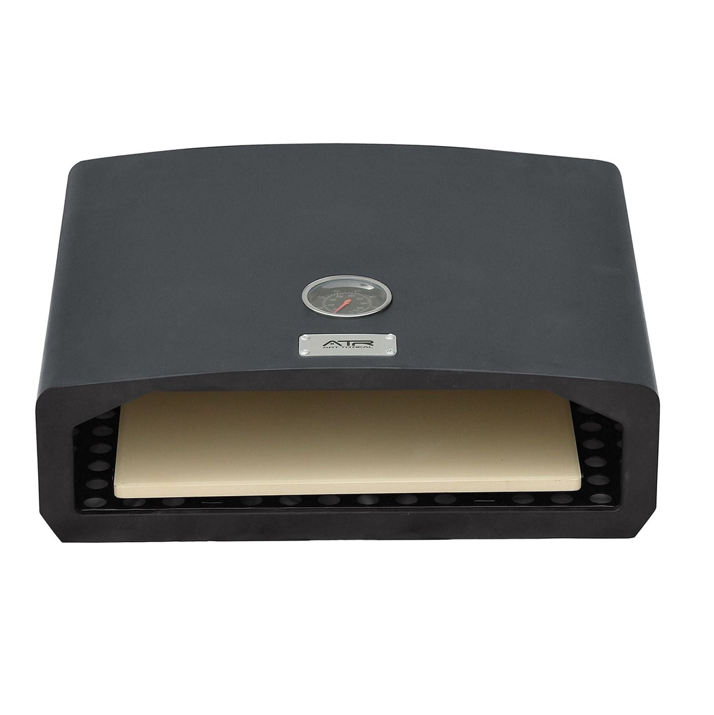 Black pizza oven with a gold interior on a white background