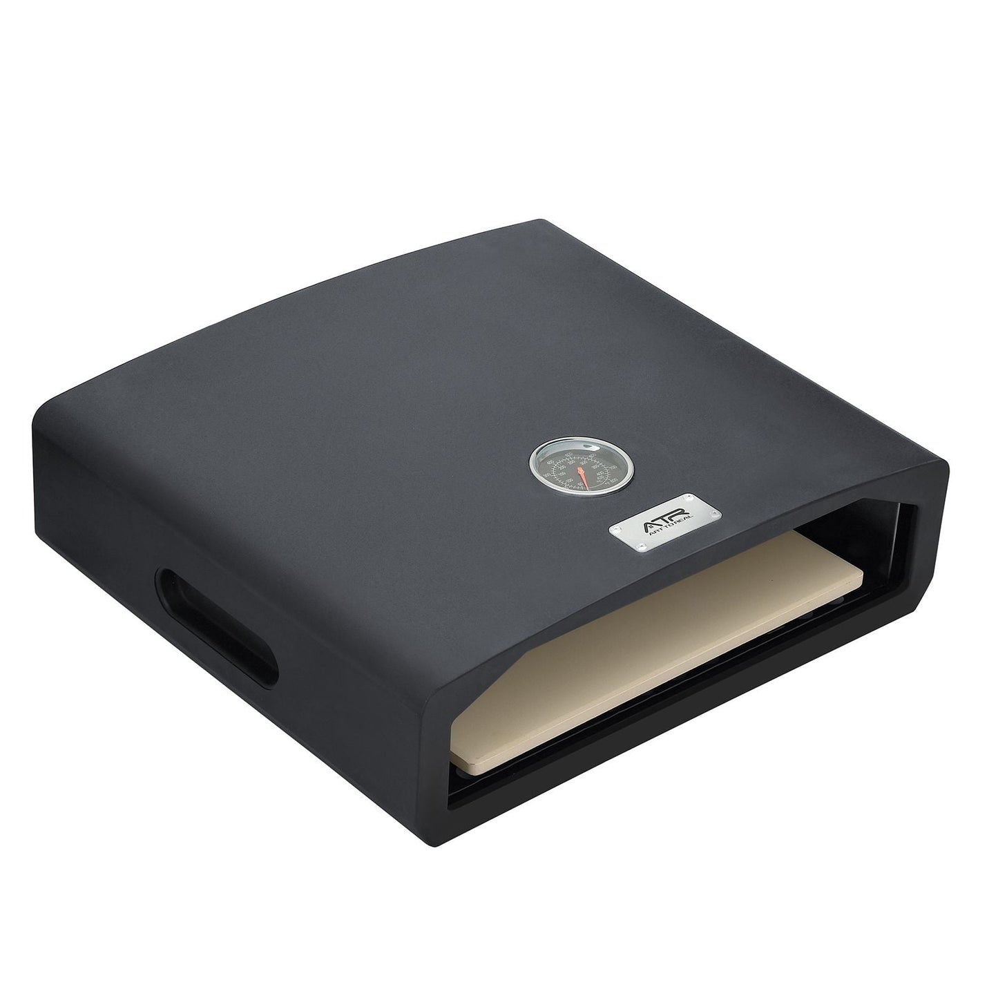 Black electronic device with a visible brand logo on a white background