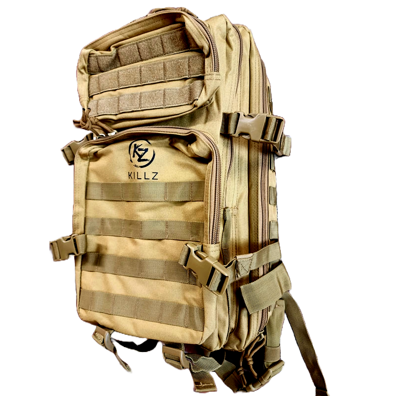 Tan tactical backpack with 'KILLZ' logo on a white background