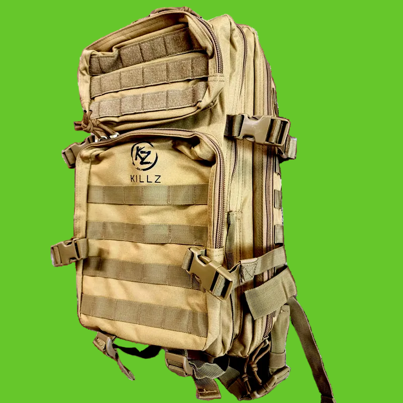 Tan tactical backpack with 'KILLZ' logo on a white background