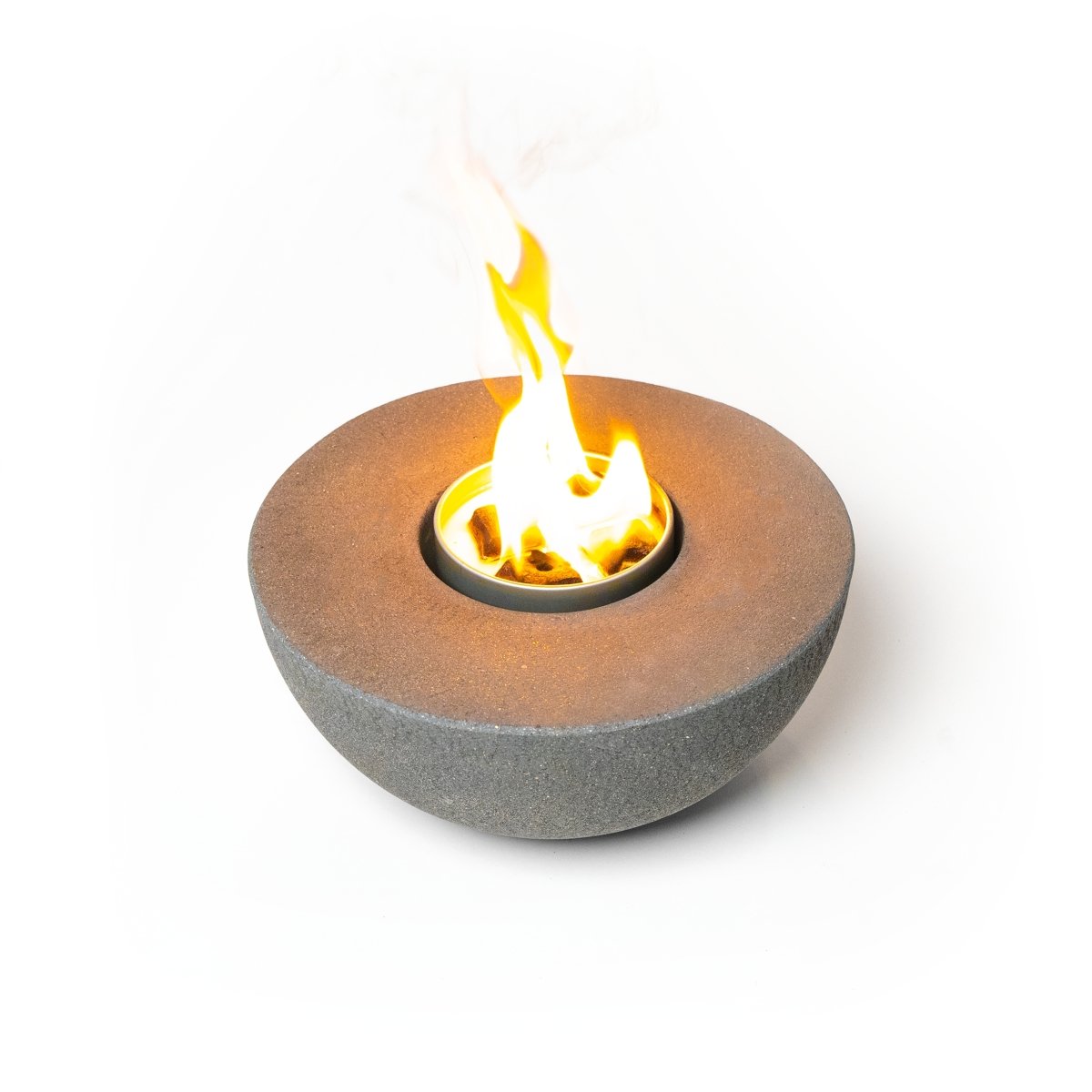 Bowl-shaped fire pit with flames on a white background