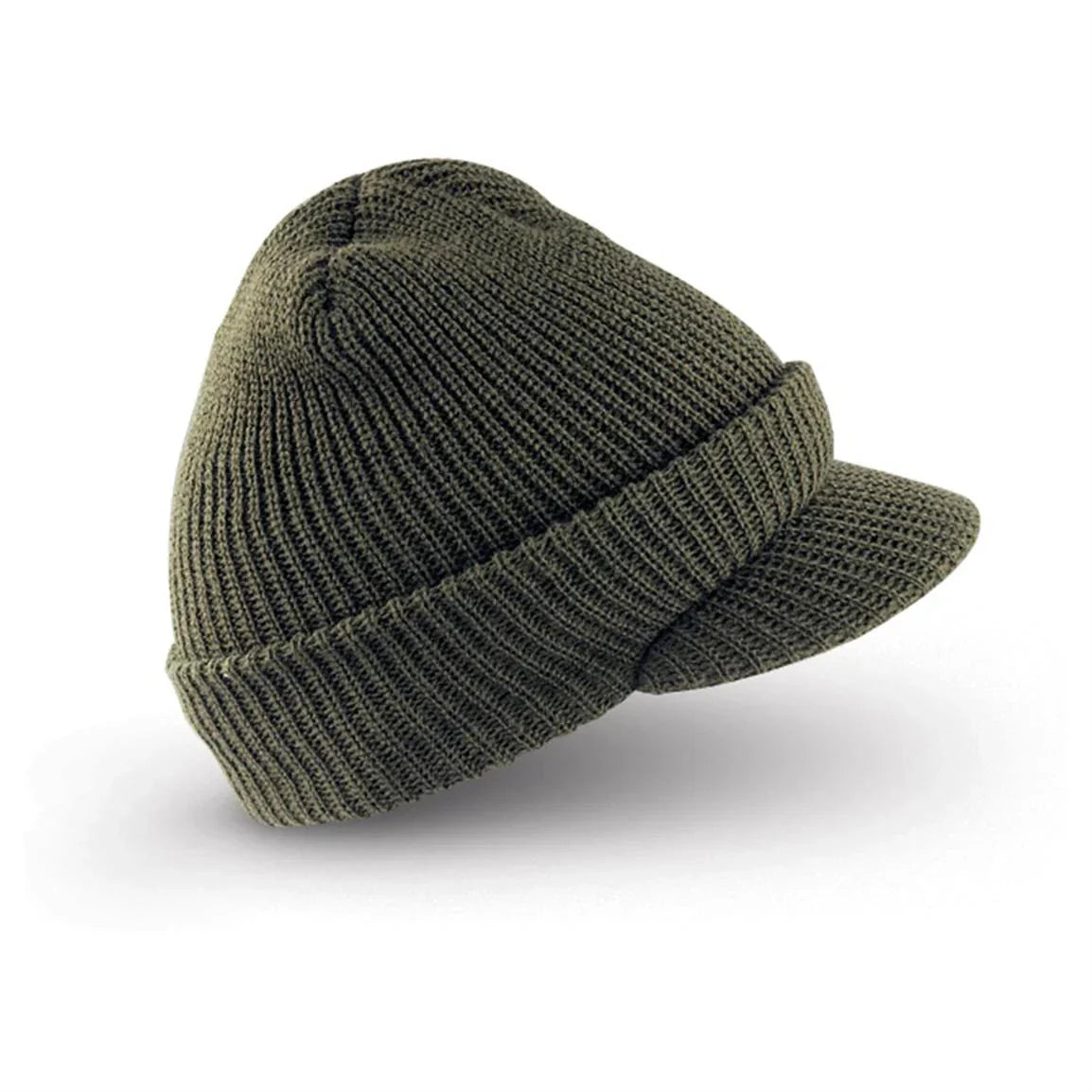 Green knit beanie with a visor on a white background