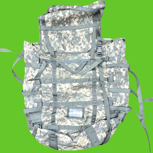 Camouflage backpack with straps on a white background