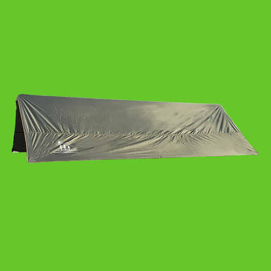 Green camping tarp with a brand logo on a white background