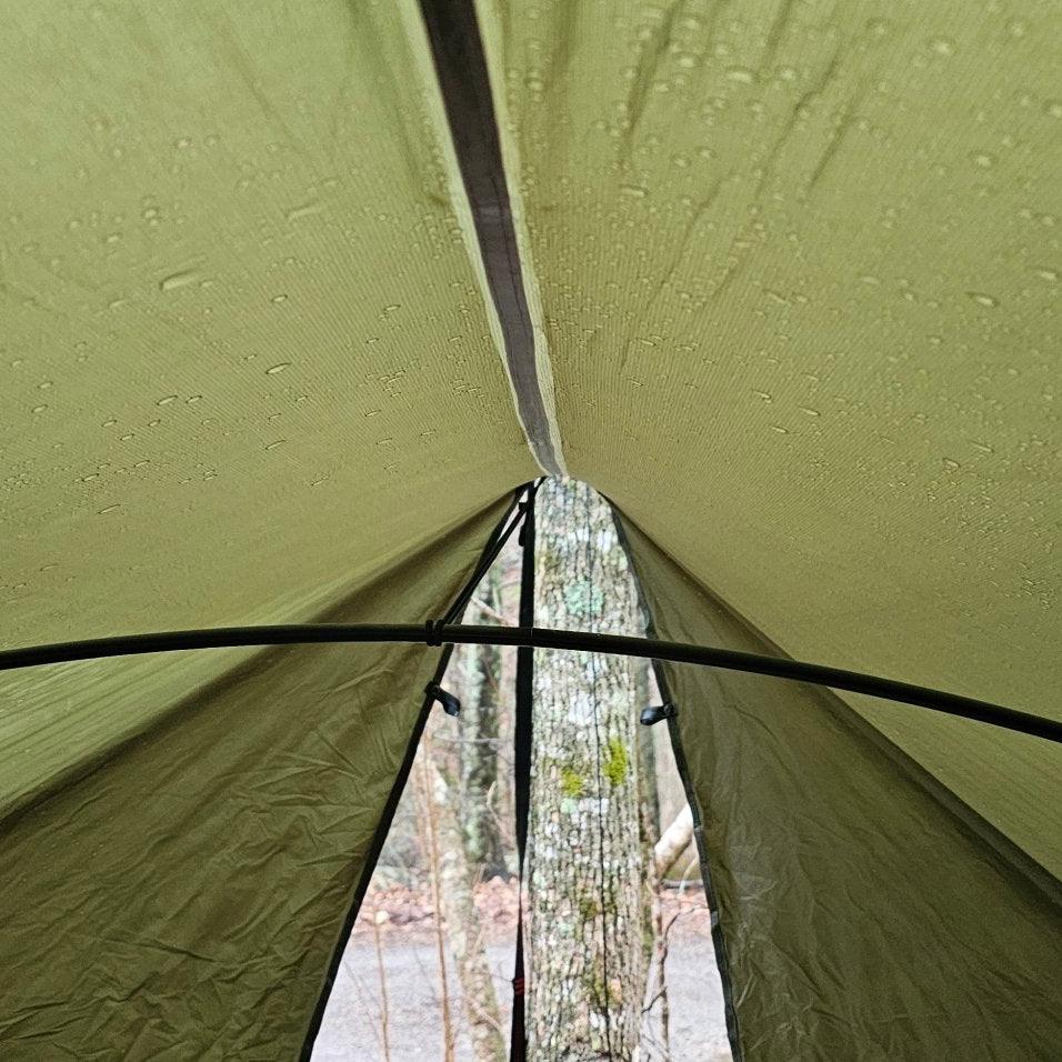 Green tent interior with trees visible through the fabric