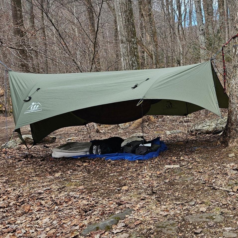 Green tarp set up in a forest providing shelter for camping gear.