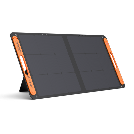 Solar panel with orange accents on a white background