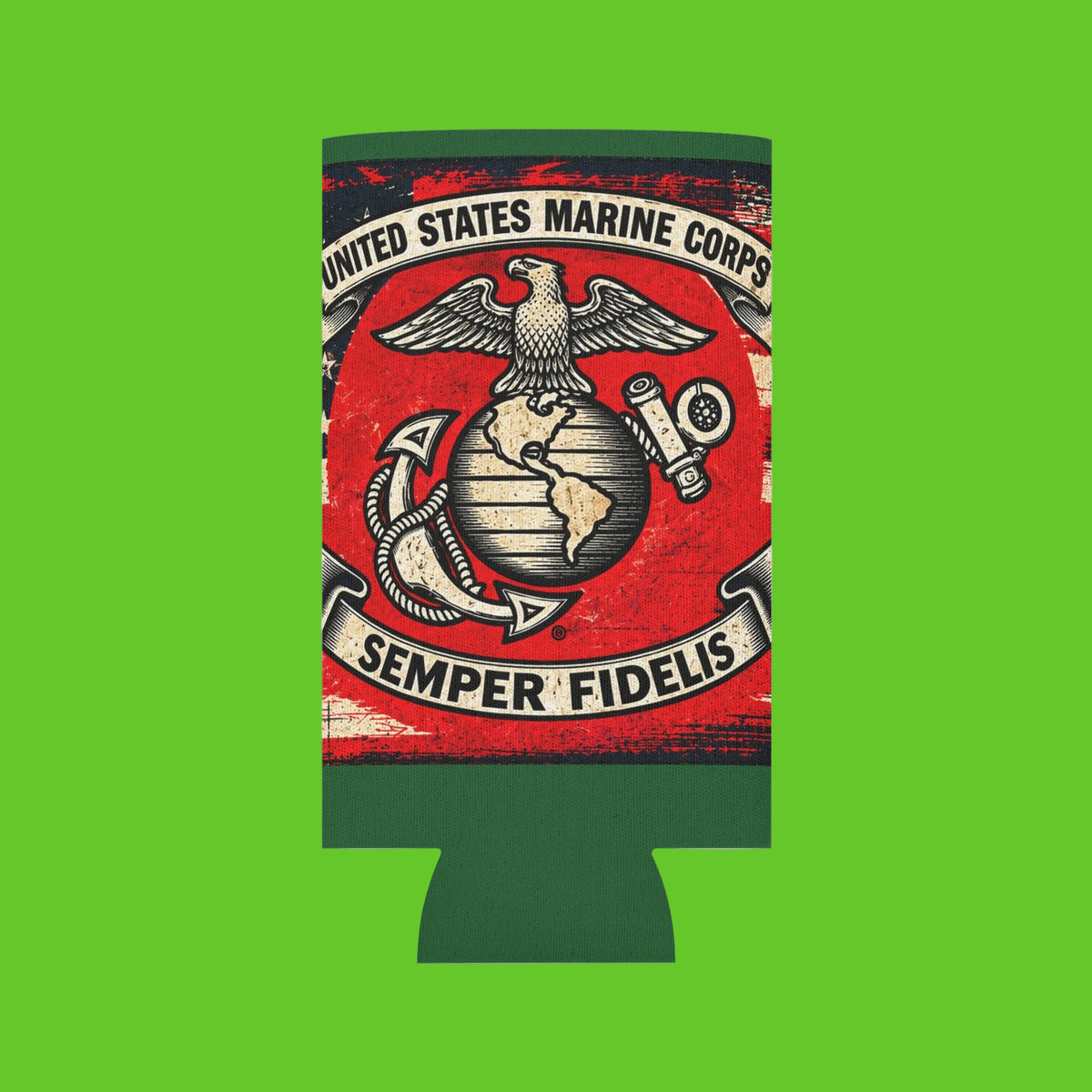 A slim can cooler featuring the United States Marine Corps emblem, with a distressed red, black, and green design and the text 'UNITED STATES MARINE CORPS' and 'SEMPER FIDELIS'.