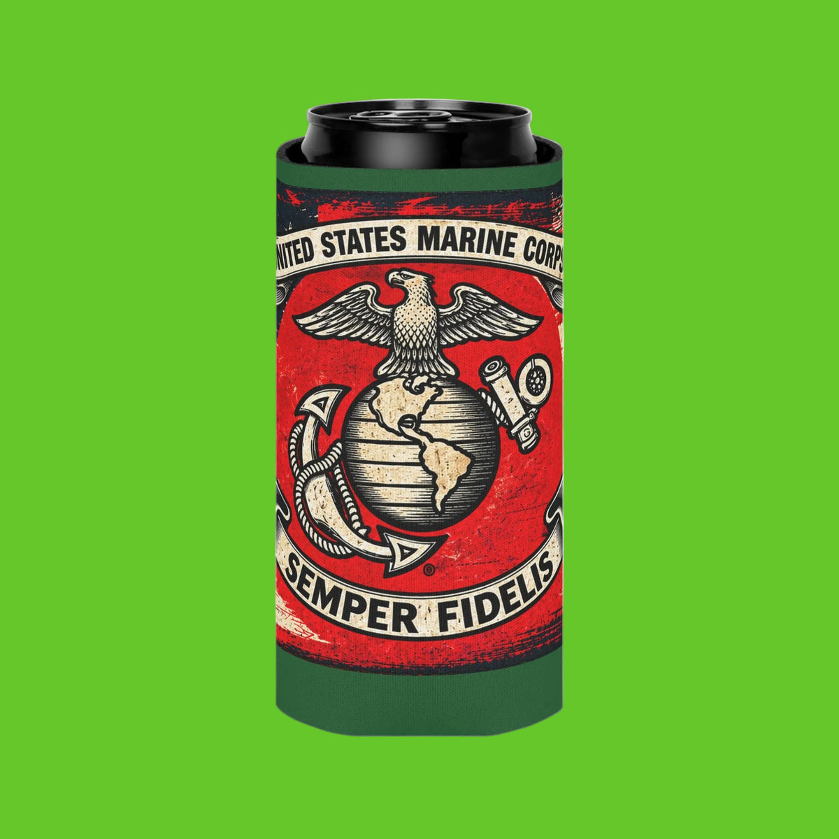 A slim can cooler sleeve featuring the United States Marine Corps emblem, including the Eagle, Globe, and Anchor insignia, with 'United States Marine Corps' and 'Semper Fidelis' text, on a red background with green bands at the top and bottom.