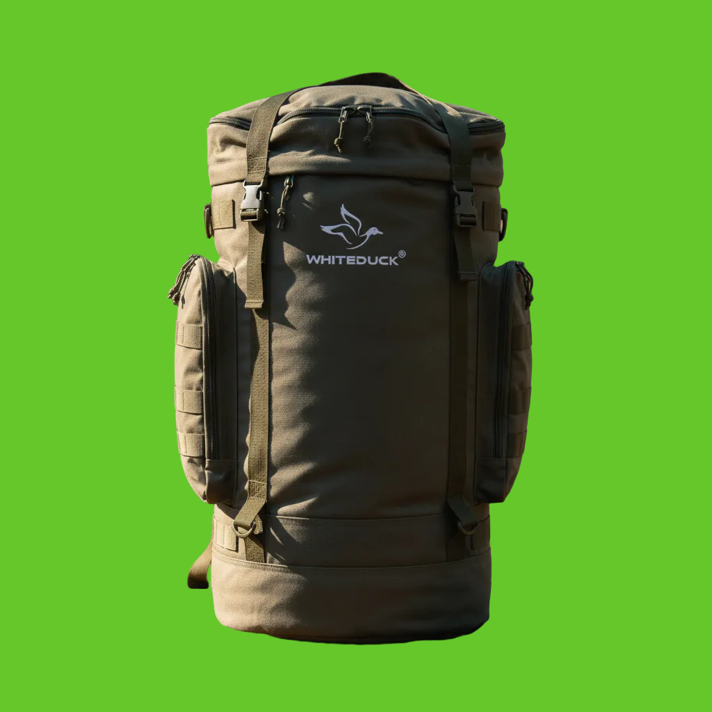 Dark green jacket with 'White Duck' logo on a natural background