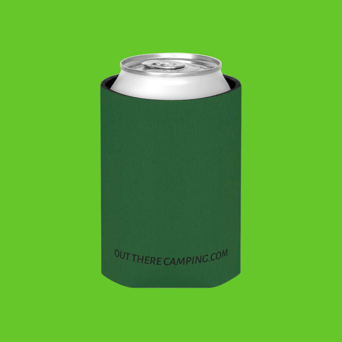 A dark green neoprene can cooler sleeve holding a silver aluminum can, shown against a plain white background.