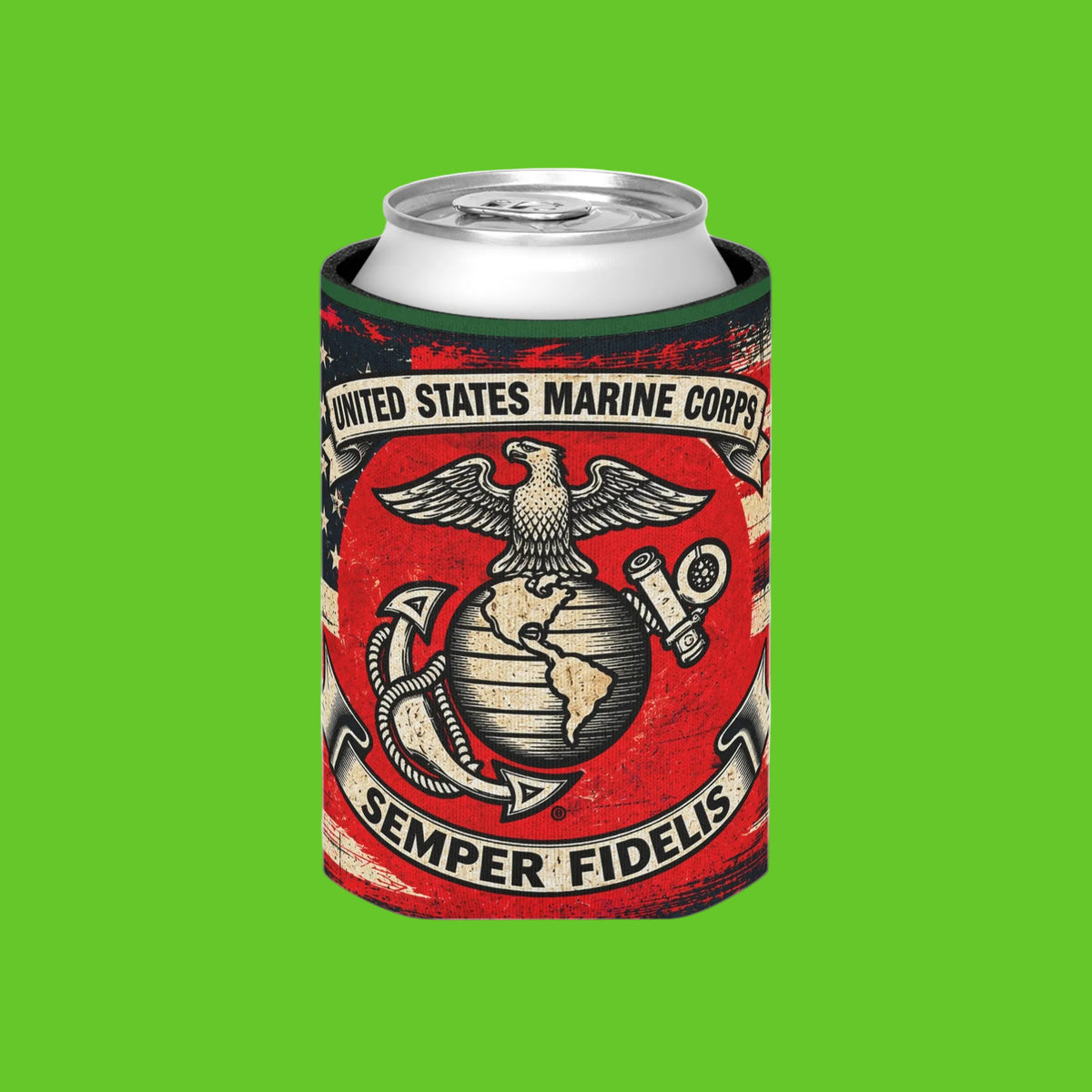A slim aluminum can inside a red and black can cooler sleeve featuring the United States Marine Corps Eagle, Globe, and Anchor emblem with the words 'United States Marine Corps' and 'Semper Fidelis' on a white background.