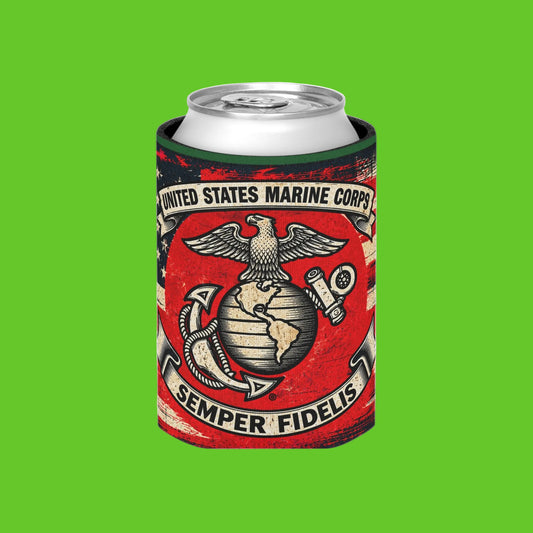 A slim aluminum can inside a red and black can cooler sleeve featuring the United States Marine Corps Eagle, Globe, and Anchor emblem with the words 'United States Marine Corps' and 'Semper Fidelis' on a white background.