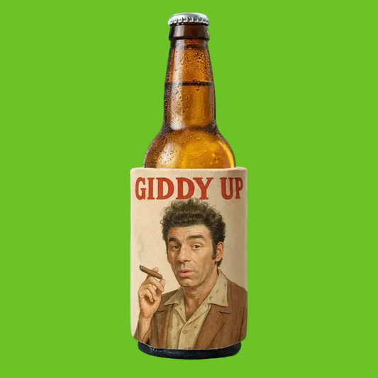 Beer bottle with a decorative label featuring a man's portrait and 'GIDDY UP' text, set against a bar background.
