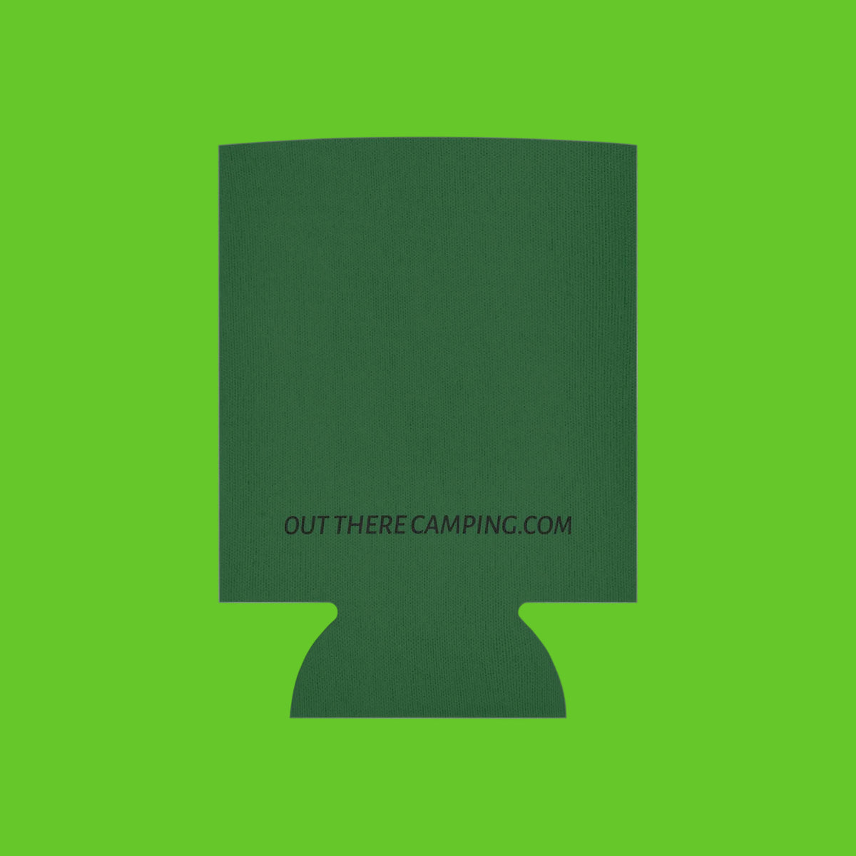 A dark green collapsible can cooler sleeve with the text 'OUT THERE CAMPING.COM' printed in black near the bottom, shown on a plain white background.