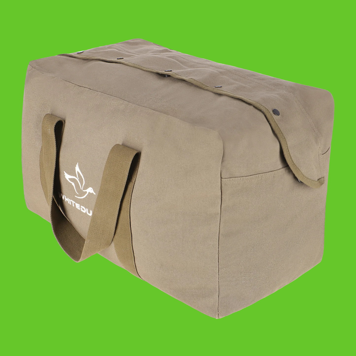 Beige duffel bag with a visible brand logo on a white background