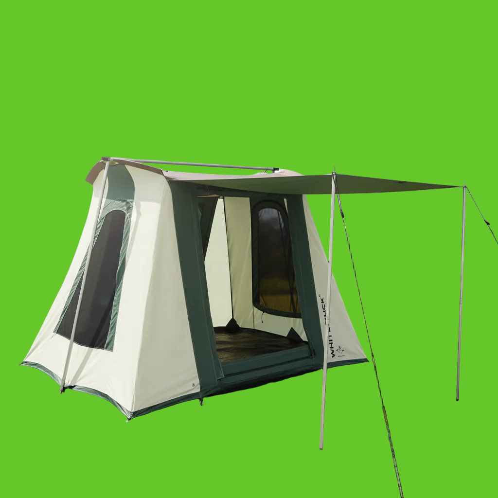 Camping tent with a green and beige exterior on a white background
