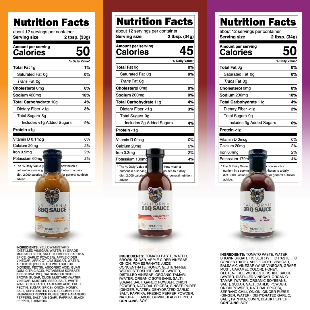 Three bottles of California BBQ Sauce with nutrition labels on a white background