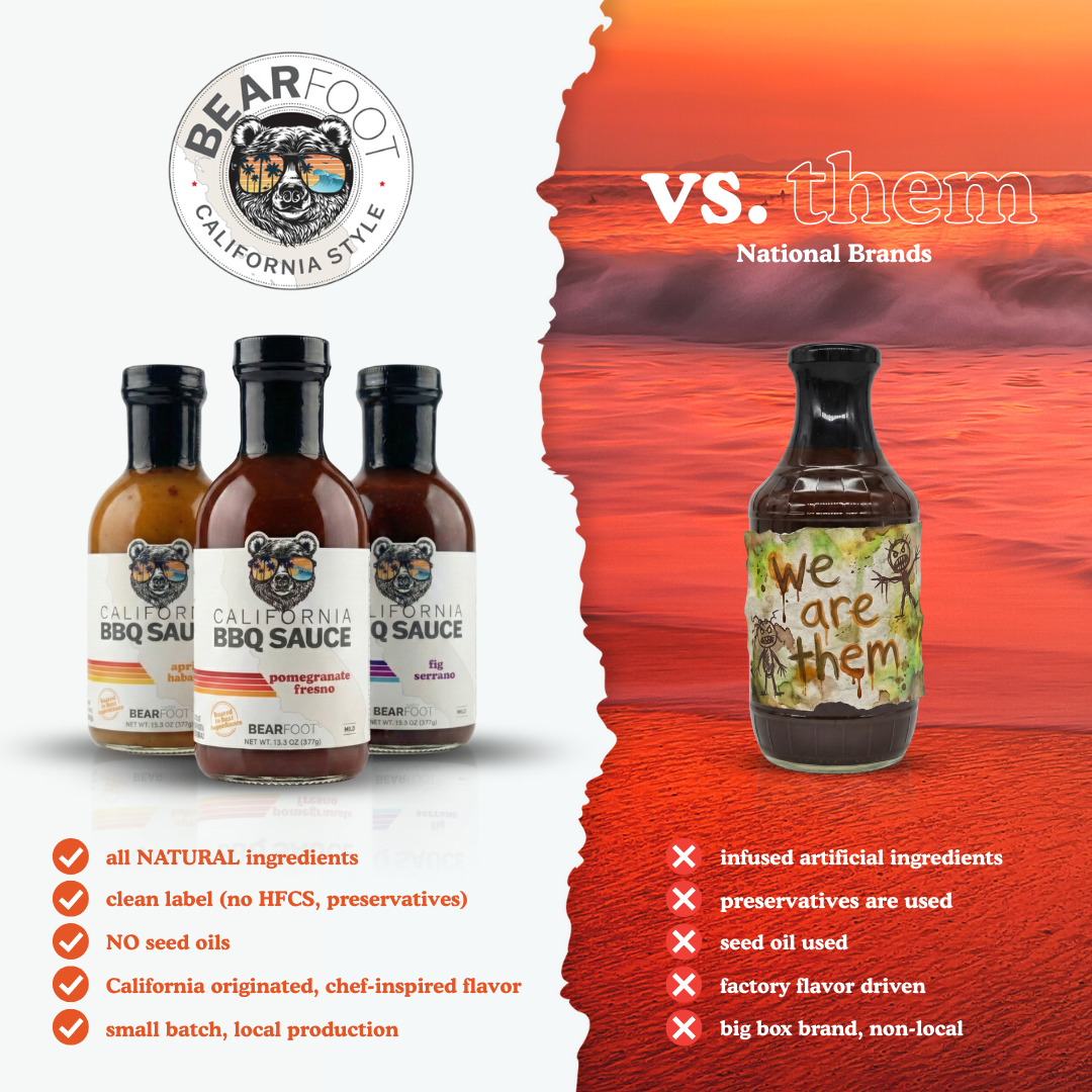 Bearfoot California Style BBQ Sauce bottles with a comparison to 'them' national brands on a red and orange background.