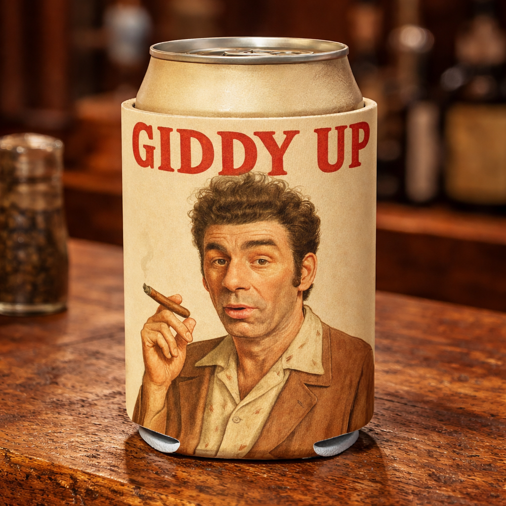 Can cooler with a graphic of a man smoking a cigar and the text 'GIDDY UP' on a wooden surface.
