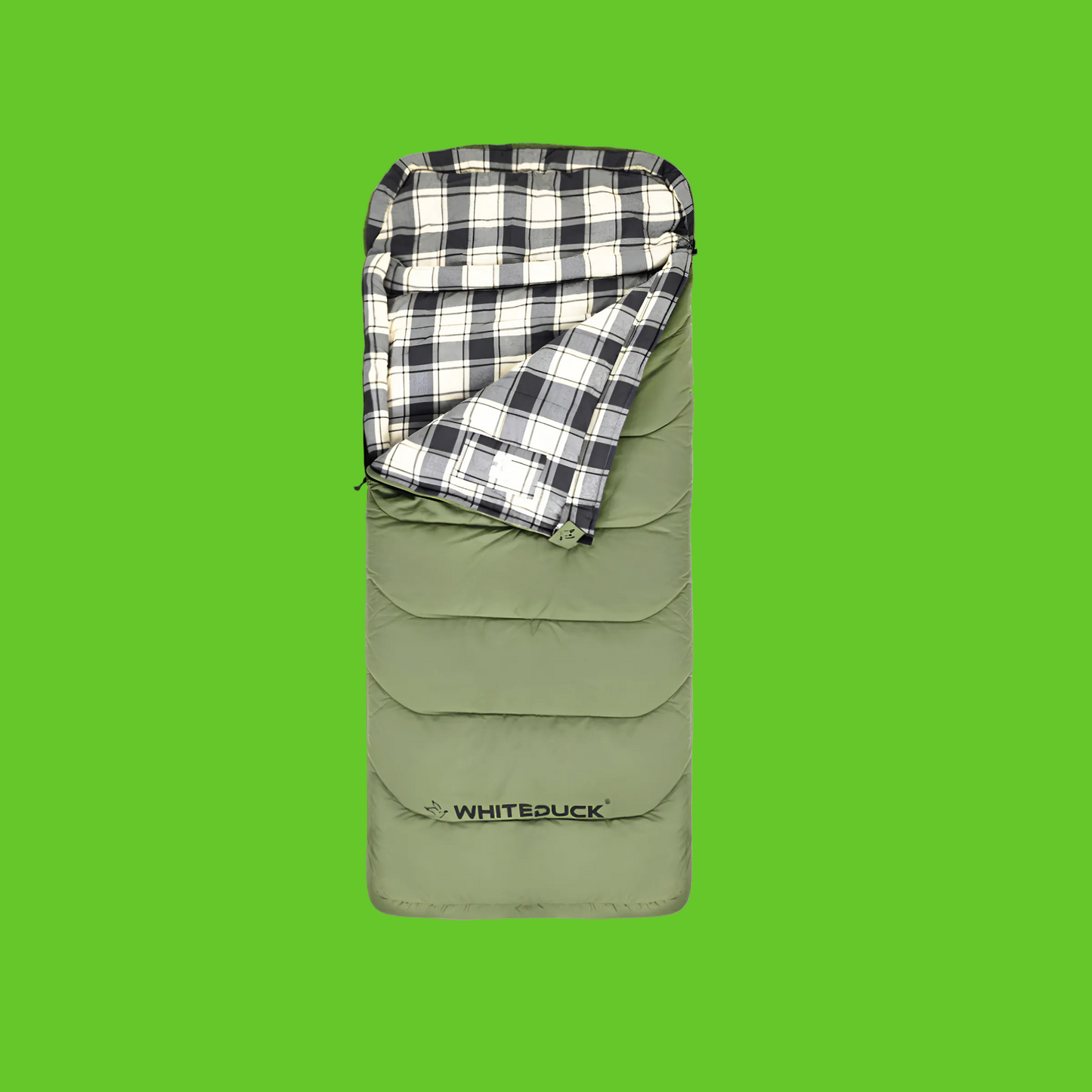 Green sleeping bag with plaid interior, dimensions, weight, and temperature rating displayed.