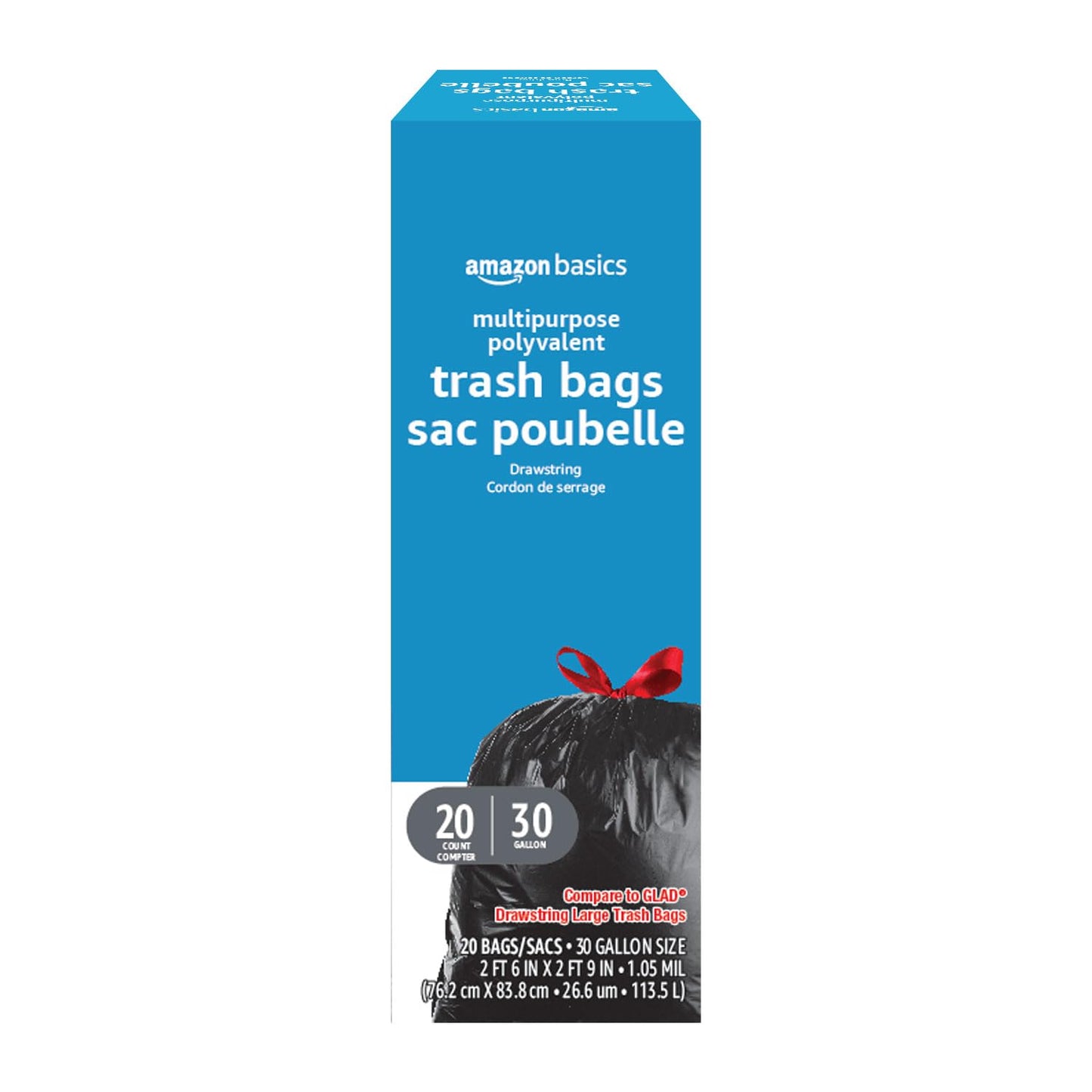 Amazon Basics Multipurpose Drawstring Trash Bags, 30 Gallon 20 & 50 Count (AMERICAN)