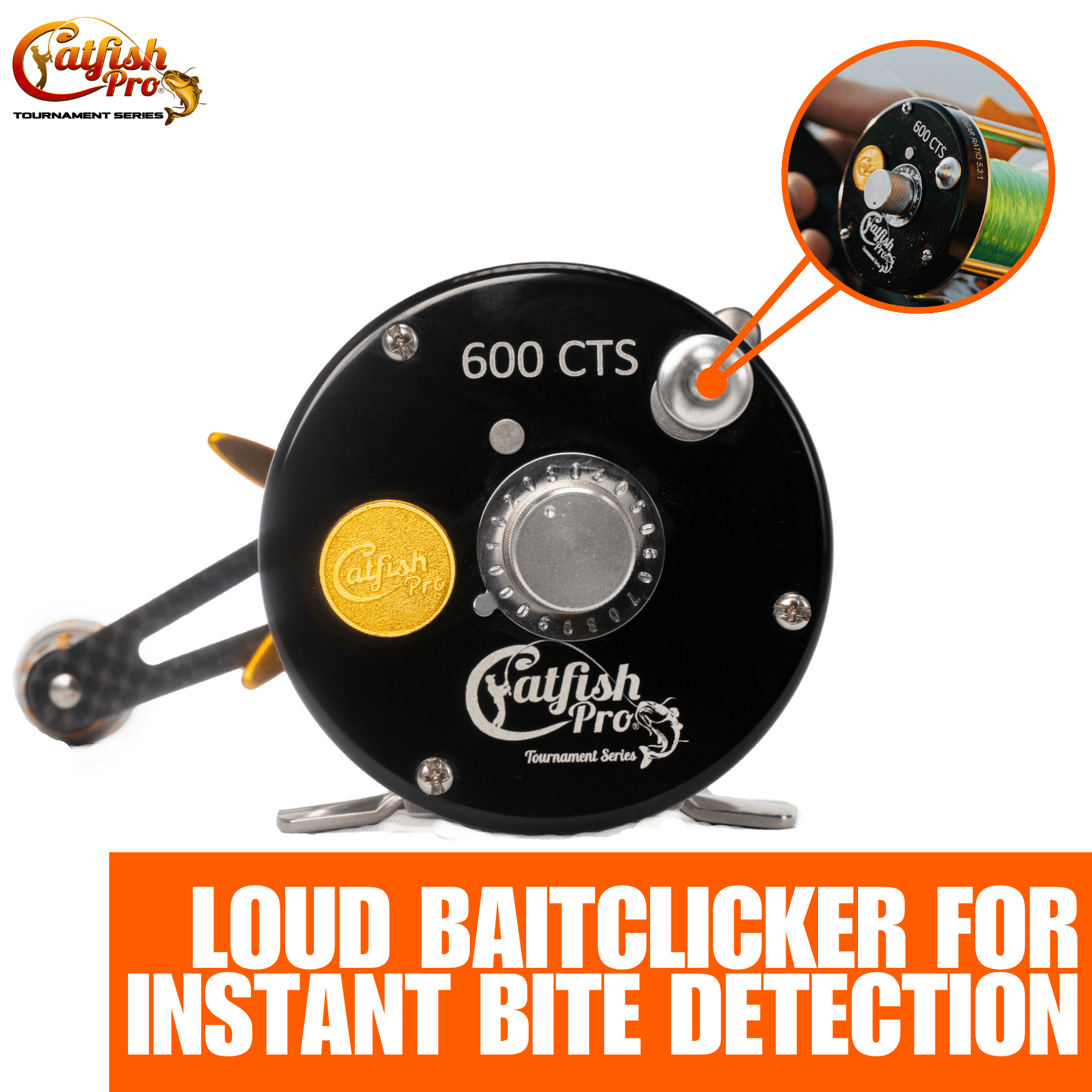 Fishing reel with 'Calfish Pro' branding and text about loud baitclicker.