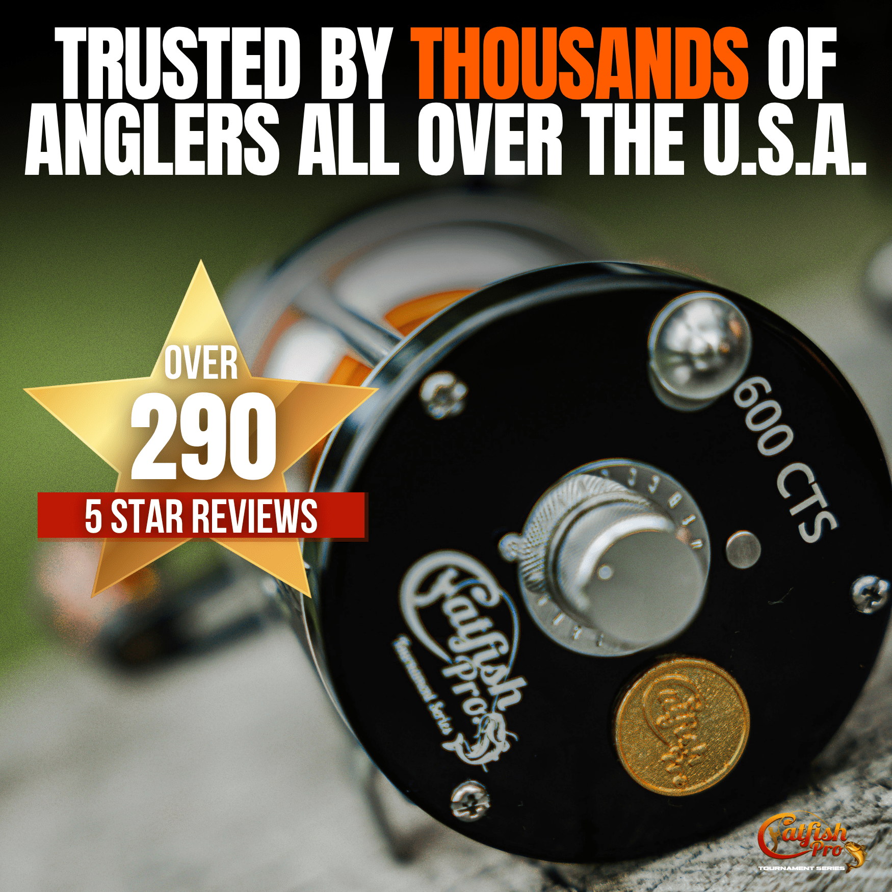 Close-up of a fishing reel with promotional text about trust and reviews.