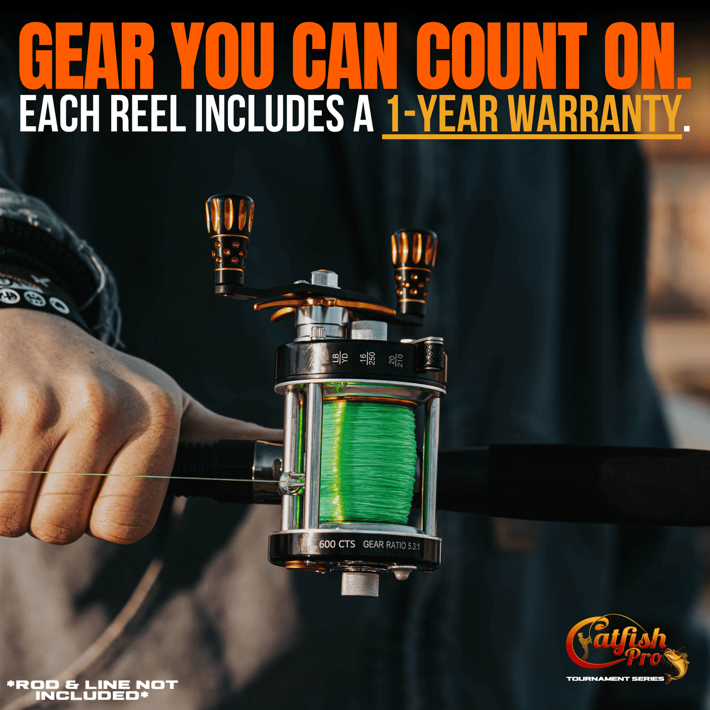 Fishing reel with green line, held by a hand, against a blurred background with promotional text.